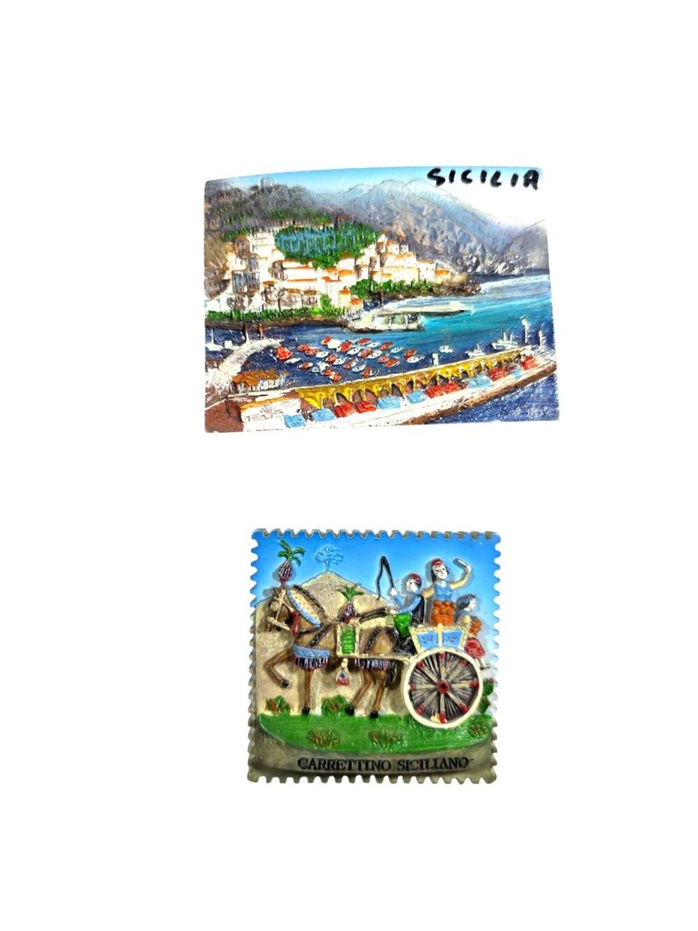 Set Of 2 Sicilian Fridge Magnets Coast Carrettino ocean vacation souvenir